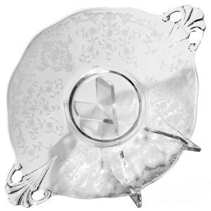 Fostoria VTG Glass Baroque Etched Chintz Handled Cake Plate Platter Dish 13.5”
